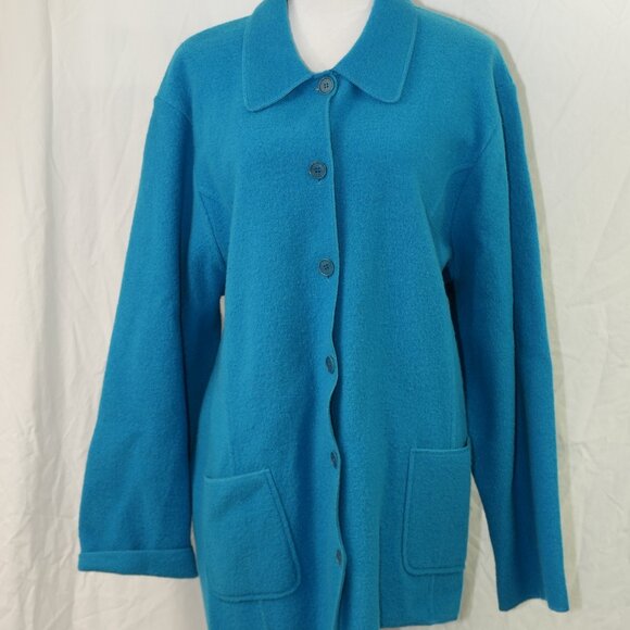 100% Merino Wool 3X Jacket with Pockets Shachet Button Front Cardigan Teal Blue - Picture 1 of 7